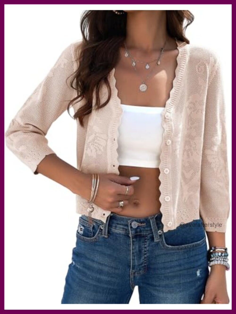 Women Crochet Cardigan Shrug 3/4 Sleeve Button Up Lightweight Knit